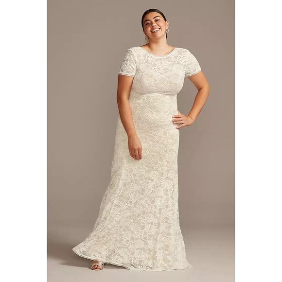 Melissa Sweet Ivory Champagne Short Sleeve Lace Train Wedding Dress Plus Sz 22W - Picture 2 of 12